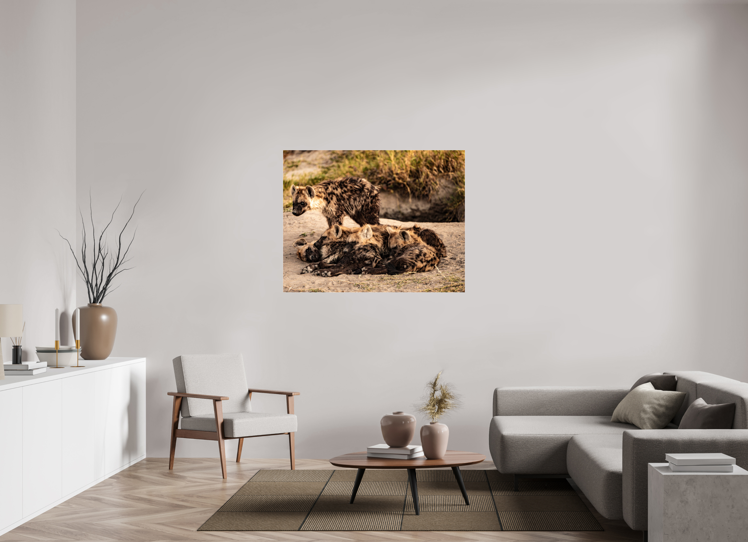 127,8 x 100 cm, Photo Print Under Acrylic Glass Hyena Family, Okavango Delta, Botswana, 2025