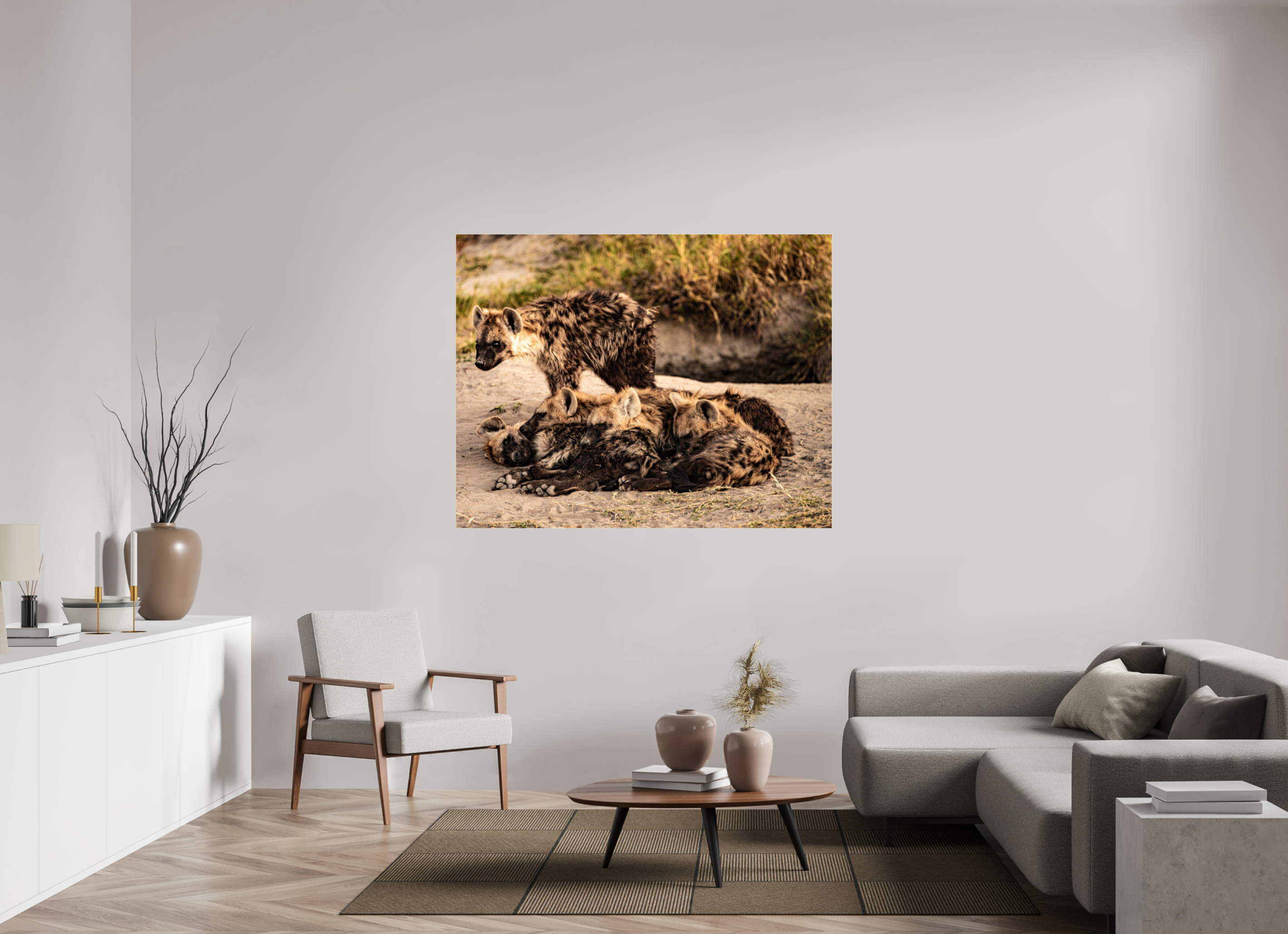 153,4 x 120 cm, Photo Print Under Acrylic Glass Hyena Family, Okavango Delta, Botswana, 2025