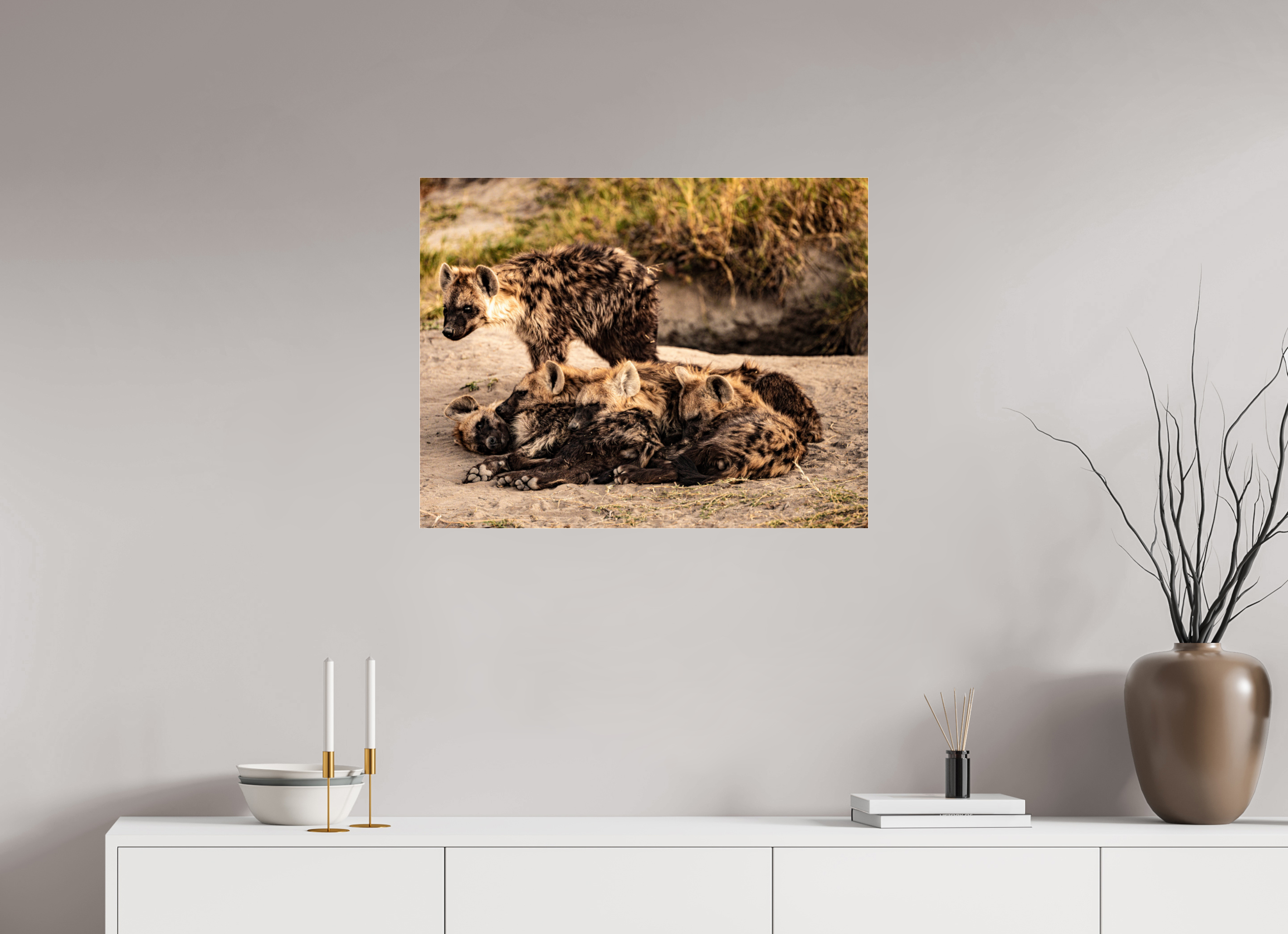 76,7 x 60 cm, Photo Print Under Acrylic Glass Hyena Family, Okavango Delta, Botswana, 2025