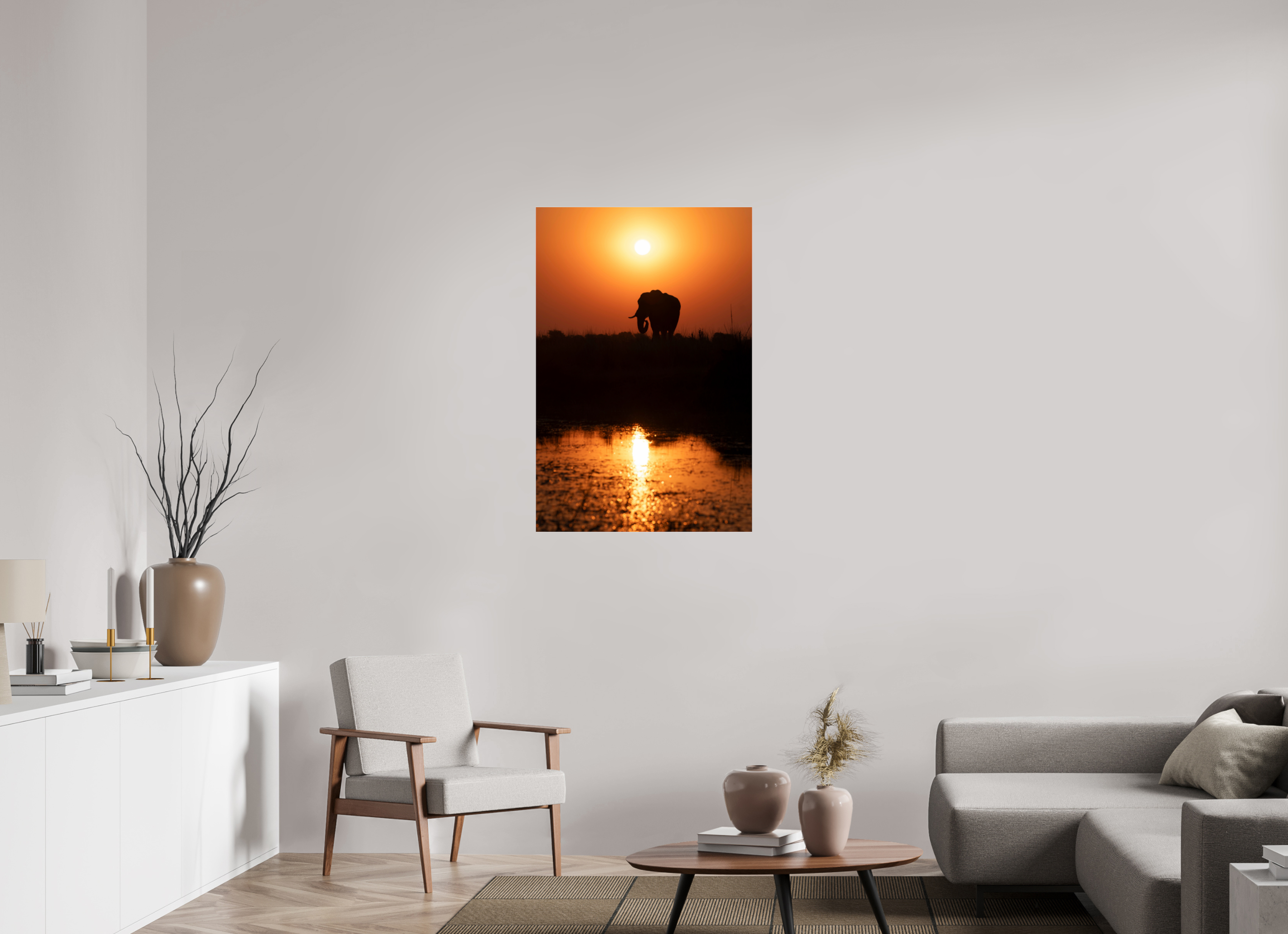 70 x 105 cm, Photo Print Under Acrylic Glass Elefant Sunset, Chobe, Namibia, 2025