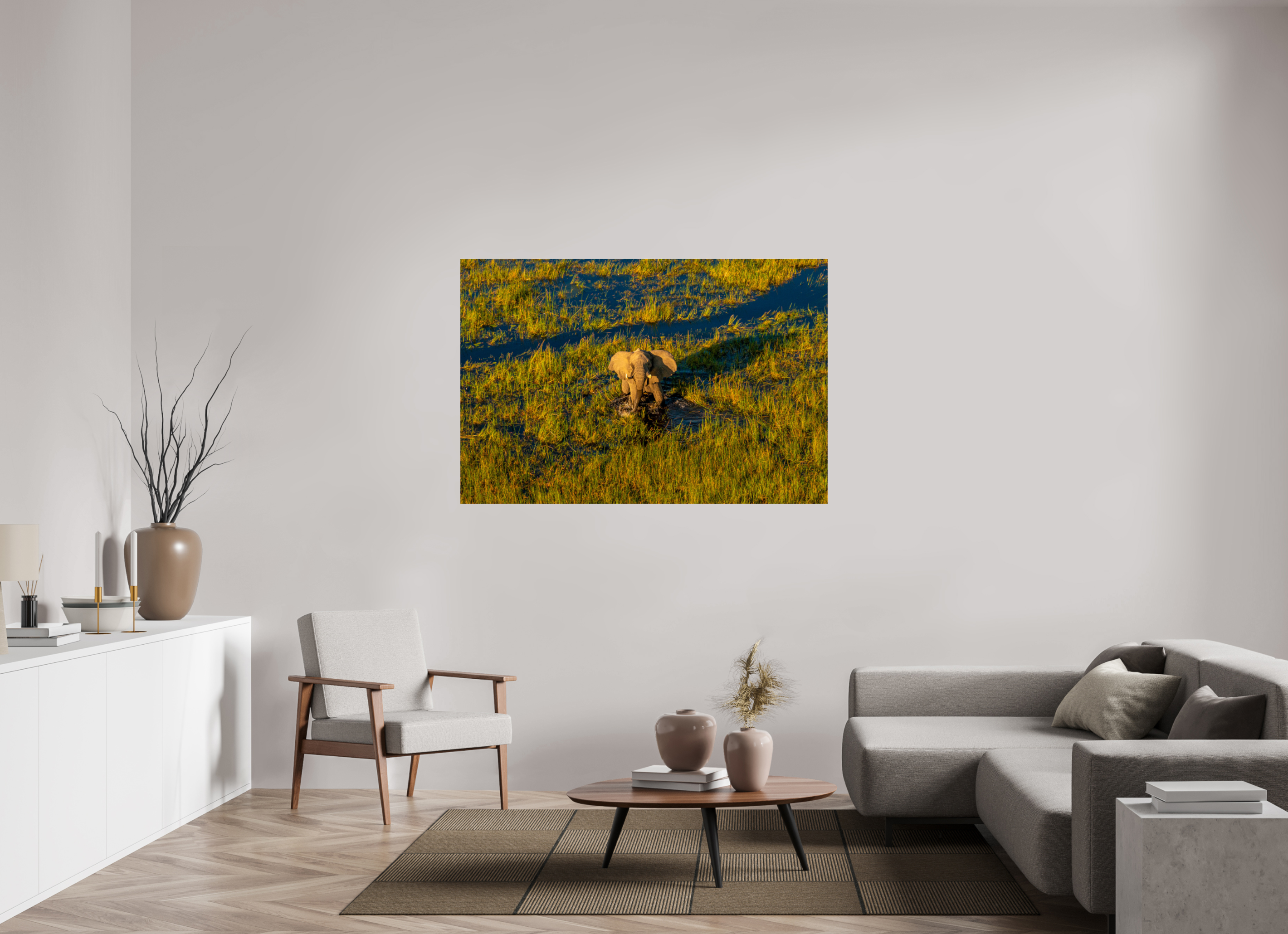 150 x 100 cm, Photo Print Under Acrylic Glass Elefant from above, Okavango Delta, Botswana, 2025