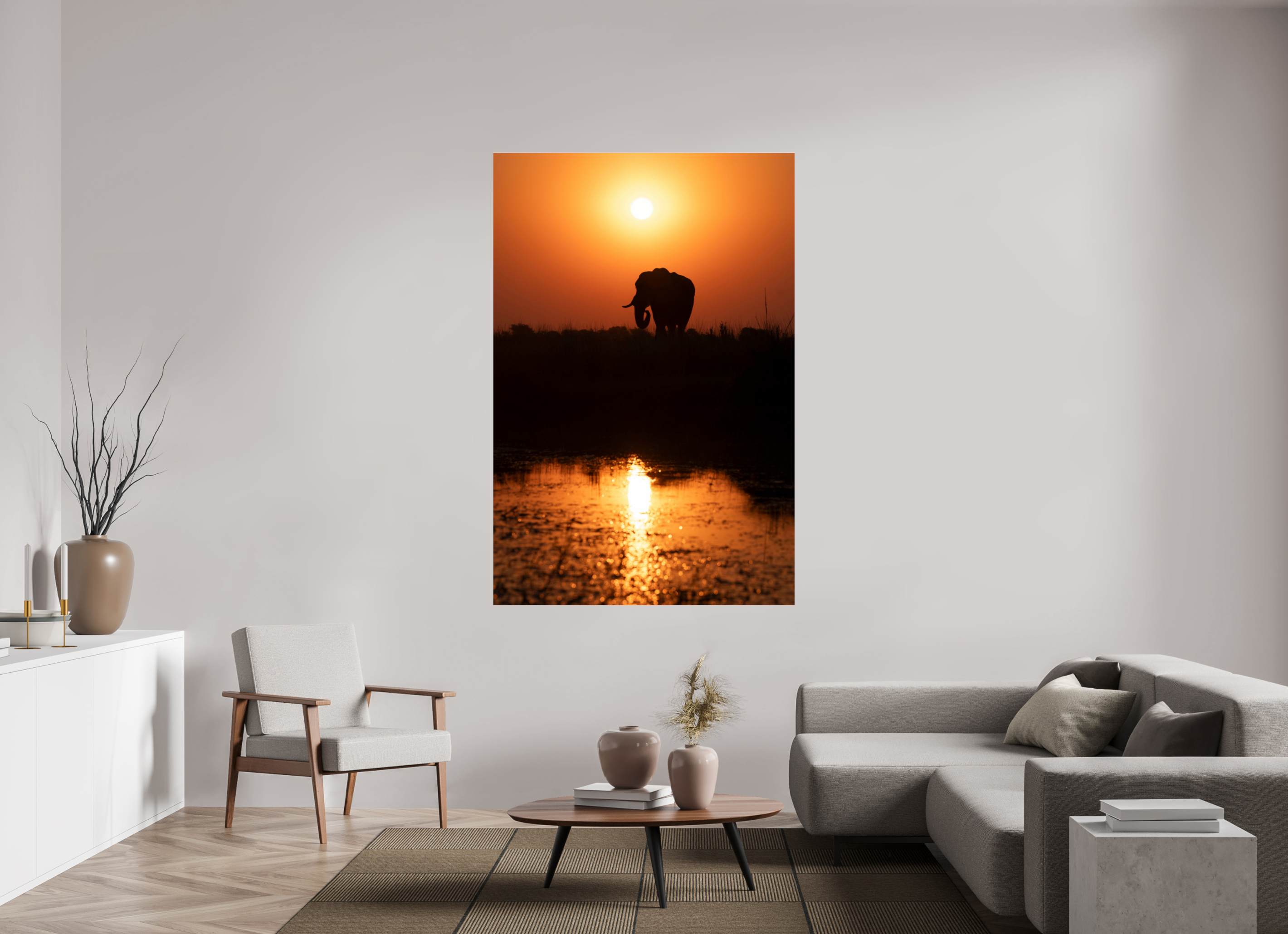 120 x 180 cm, Photo Print Under Acrylic Glass Elefant Sunset, Chobe, Namibia, 2025