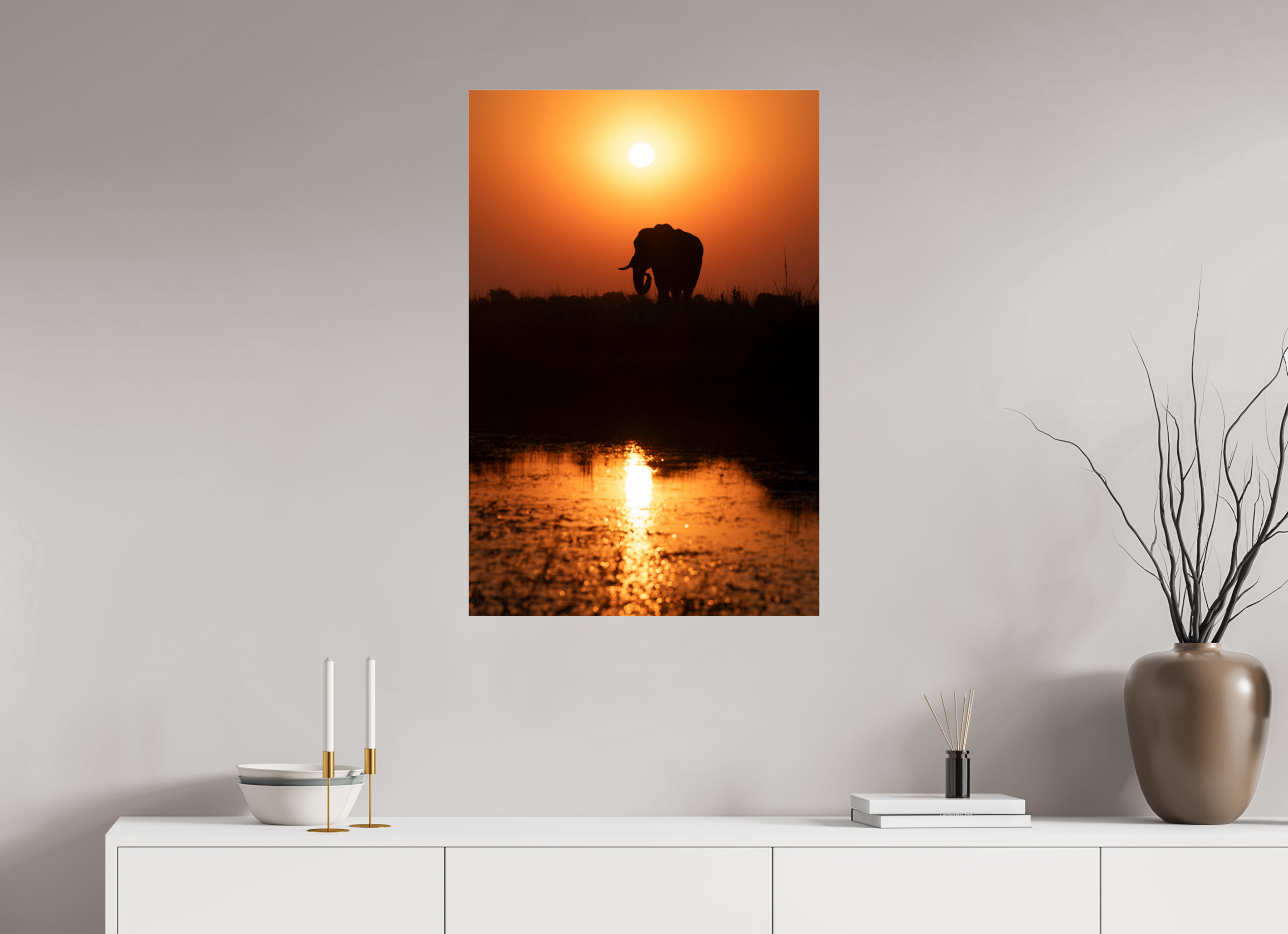60 x 90 cm, Photo Print Under Acrylic Glass Elefant Sunset, Chobe, Namibia, 2025