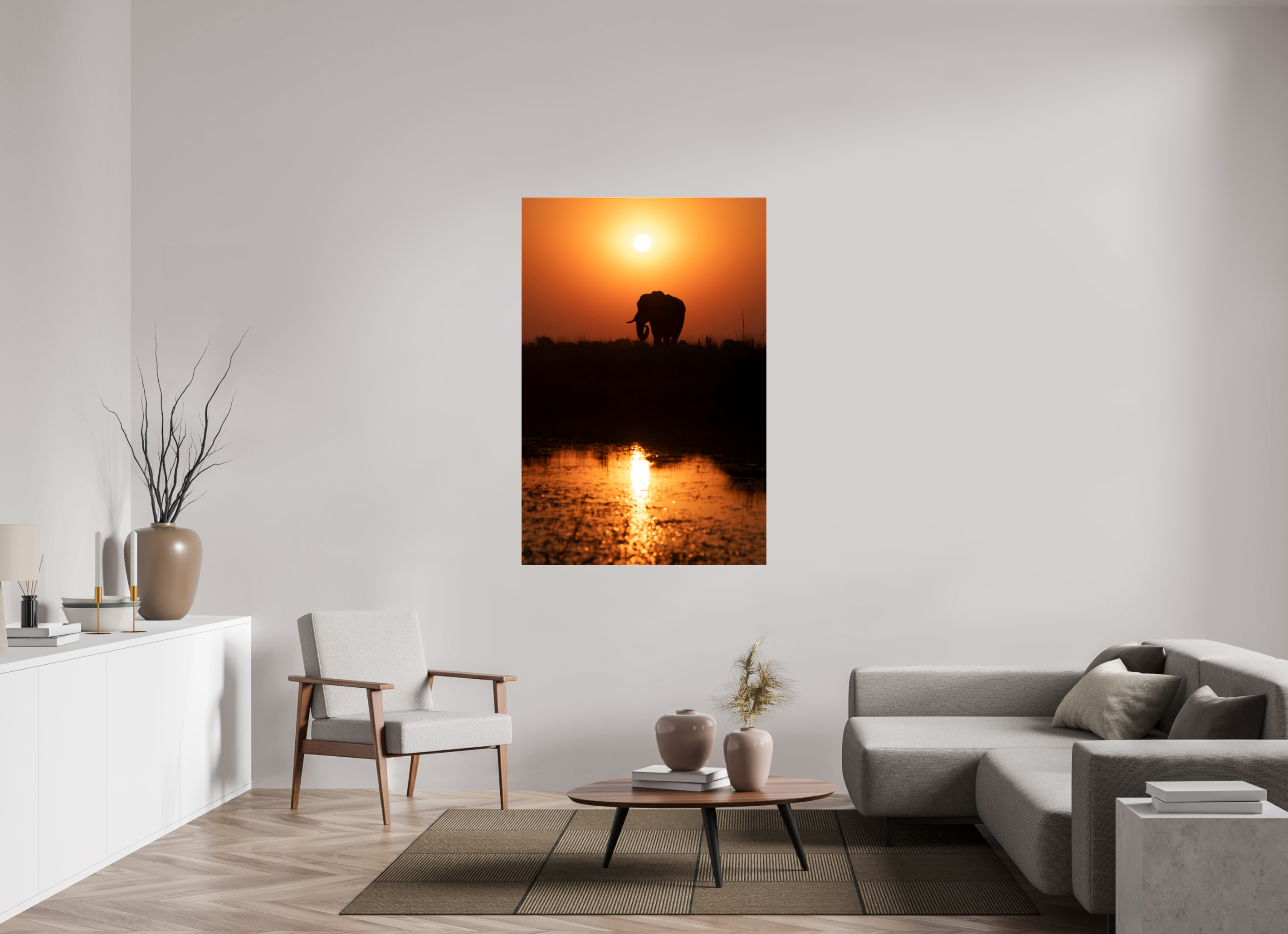 100 x 150 cm, Photo Print Under Acrylic Glass Elefant Sunset, Chobe, Namibia, 2025